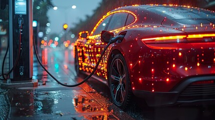 Wall Mural - Alternative energy concept.Close up of the Hybrid car electric charger station with power supply plugged into an electric car being charged