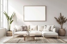 Stylish Living Room Interior With Horizontal Frame Mockup On Wall Modern Home Decor Staging 3d Rendering