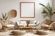 stylish living room with mock up poster frame and rattan furniture 3d illustration