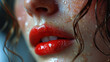 Pretty Women Dark Red Lips With Red Lipstick Macro View