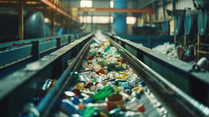 Wall Mural - A conveyor belt carries a plethora of materials, ready for sorting at a bustling recycling plant