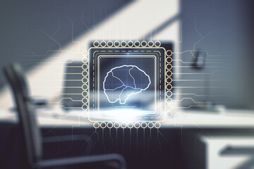 Wall Mural - double exposure of creative human brain microcircuit and modern desk with computer on background. fu