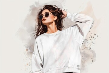 stylish young woman wearing oversized white crewneck sweatshirt fashion sketch