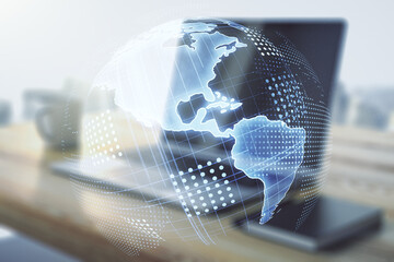 Wall Mural - double exposure of digital america map and modern desktop with laptop on background, research and st