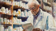 A man engrossed in reading a book while seated in a pharmacy