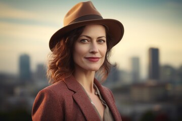 Portrait of a glad woman in her 40s donning a classic fedora on vibrant city skyline