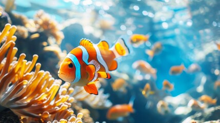 clown fish swimming in the coral reef, with a beautiful sea background