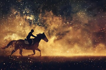 Wall Mural - thoroughbred racehorse and jockey galloping under starry night sky digital equestrian illustration