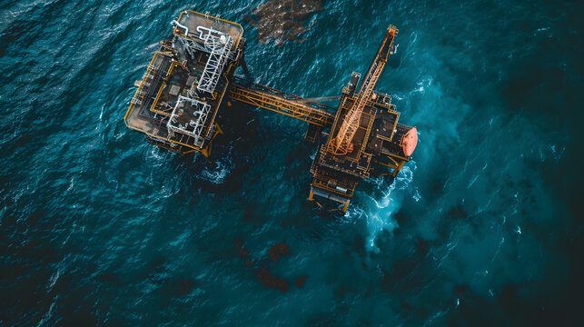 Aerial view offshore drilling rig jack up rig for oil at the offshore location during sunset