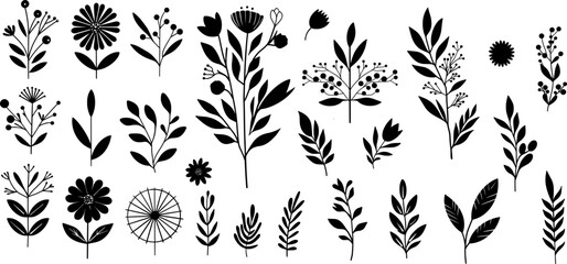 Wall Mural - set of flowers silhouettes. Hand drawn floral elements. Vector set botanical illustration. 