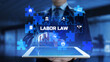 Labor law. Attorney at law advocacy. Businessman pressing virtual button.