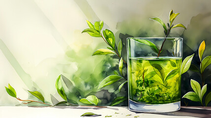 Wall Mural - Illustration of a glass of water with green plants on the background