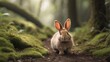 A tiny bunny with floppy ears exploring a mossy woodland path