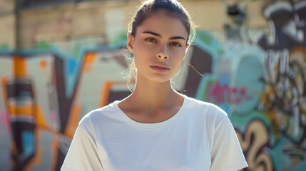 Poster - Casual Portrait of Young Female Model in Plain White T-Shirt Against Urban Graffiti Wall Background