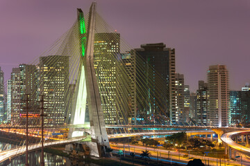 Wall Mural - Octavio Frias de Oliveira; bridge and skyline of Sao Paulo at night, Brazil