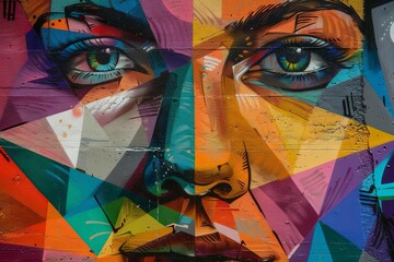 vibrant colorful street art portrait with geometric shapes and graffiti elements