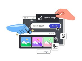 artificial intelligence big layout vector illustration with hands. robot hand generate picture from 