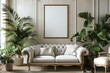 Mockup poster frame 3d render in a glamorous Hollywood regency living room with mirrored accents and plush furnishings, hyperrealistic