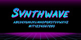 Fototapeta Młodzieżowe - Perfect Retro wave 80s style type font and vector  chrome alphabet with numbers. Neon Retro futuristic horizon background and vintage font type. Set for print tee and music poster design 80s -90s