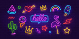 Fototapeta Młodzieżowe - Vector Neon Sign set 2 on brick wall background. Editable neon icons set of Flamingo, Sign Hello, heart, Ice Cream, Rainbow, Crown etc. Neon night sign, a glowing light banner, emblem for club or bar