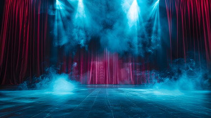 Wall Mural - Theater stage light background with spotlight illuminated the stage for opera performance. Empty stage with red curtain, fog, smoke, backdrop decoration. Entertainment show.