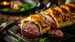 Beef wellington with tender beef tenderloin wrapped in puff pastry, served with red wine sauce.