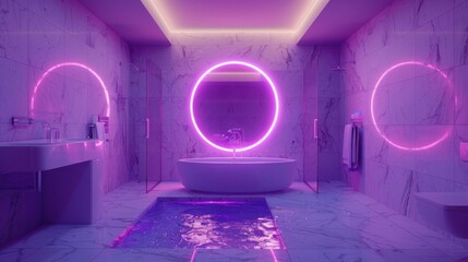 Wall Mural - Futuristic neon bathroom design with glowing pink and purple lights for modern interior inspiration. Contemporary home decor with artificial lighting.