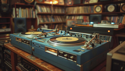 A blue turntable sits on a table in a room filled with books by AI generated image