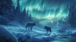 A snowy landscape lit by the aurora borealis, with robotic wolves guided by magical northern lights, in harmony