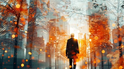 Wall Mural - Man wearing suit walking on street with city skyscraper background overlayed with green summer forest