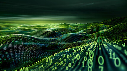 digital data transfer with binary code flowing across a digital landscape, wallpaper of technology f