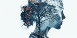 Fototapeta  - Mental health, psychology, tranquility illustration, double exposure, white background
