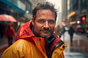 Wall Mural - Portrait of a satisfied man in his 40s wearing a vibrant raincoat while standing against busy urban street