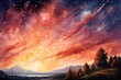A dramatic watercolor sky scene featuring a comet streaking past with a tail of vibrant oranges and reds