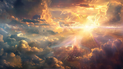 Wall Mural - The holy city descending from the heavens, depicted with futuristic architecture and radiant with divine light, set against a backdrop of a new heaven and a new earth, with copy space