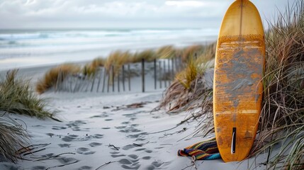 Yellow surf board on the beach summer tropical coast