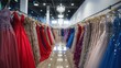 Elegant evening dresses displayed in boutique with variety of colors and styles. Fashion retail and shopping experience.