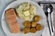 baked salmon  with scallops and mash potatoes