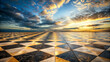 A vast checkered floor stretches towards the horizon under a dramatic sky lit by the setting sun. Reflections of the sky are visible on the glossy surface of the tiles.AI generated.