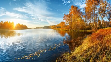 Wall Mural - Panorama Of Autumn River Landscape In Belarus Or European Part Of Russia At Sunset. Sun Shine Over Blue Water Lake Or River At Sunrise. Nature At Sunny Morning. Woods With Orange Foliage On Riverside