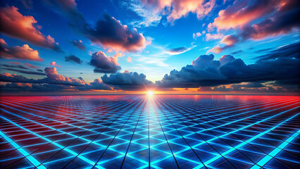Poster - A breathtaking sunset casts vibrant hues of orange and blue across the sky, which is dotted with scattered clouds. Below, a reflective surface resembling a grid mirrors the sky's spectacular colors.AI