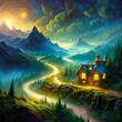 bajkowe ilustracje domy złoto szklane kule góry fantazja sny