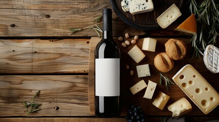 Top view of bottle wine and appetizer table with tasty Italian antipasti snack of various cheeses