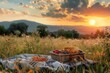 Concept of summer picnic in countryside on summer day with beautiful sunset view, vacation concept