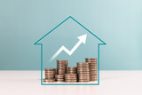Fototapeta  - Money saving,real estate investment, investing for home lone and property profit. Upward arrow with coin stack as growth graph steps