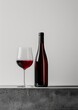 Bottle and glass of red wine on a grey stone background. Copy space space for text, generative AI