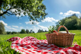 Fototapeta  - Idyllic Summer Picnic in Sunny Park with Wicker Basket