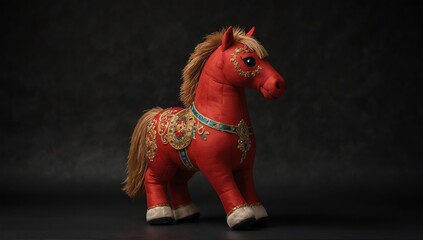 Canvas Print - a red horse stuff toy in plain black background from Generative AI