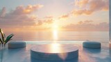 Fototapeta  - Oceanfront glass podium with a sunrise horizon, perfect for serene wellness product placement