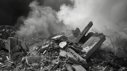 Smoke rose from the concrete rubble.